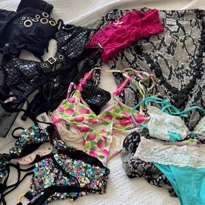 Fabric lot of beach, bunny, bikini top bottom swim wear cover up older vintage